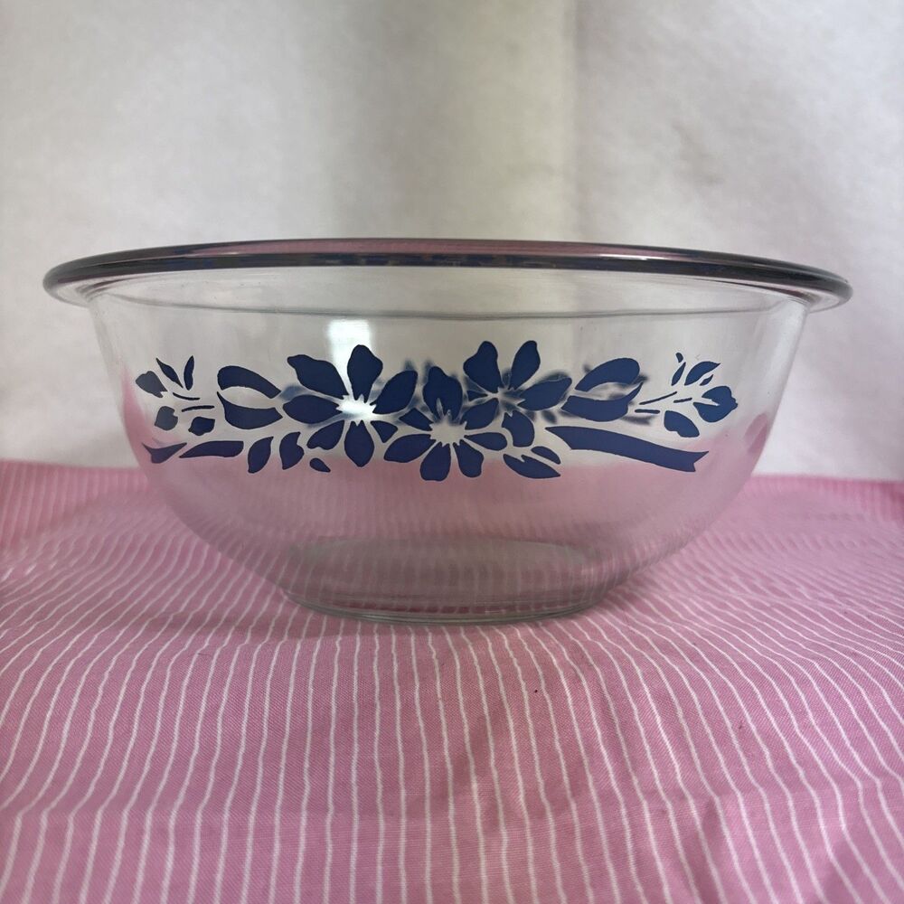 Vintage Pyrex Blue Ribbon Clear Glass Mixing Bowl 1.5L 323 Flower Floral 1980s